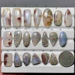 May include: A collection of twenty polished, translucent cabochon gemstones arranged in rows on a white display tray, each numbered 1 through 20. The stones feature varied inclusions in shades of cream, moss green, rust red, and blue, with a 20 sen coin.