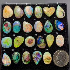 May include: A collection of twenty-three polished opal gemstones in various shapes and colors, including teardrop, oval, and heart. The opals display a range of iridescent colors, such as blue, green, orange, and yellow. A US nickel coin is included for size reference.