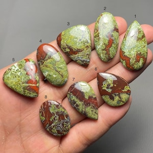 May include: Eight polished gemstones in diverse shapes, including oval, teardrop, and triangular forms. The stones feature a mix of green, red, and brown hues, with unique patterns and textures. The gemstones are held in a hand.