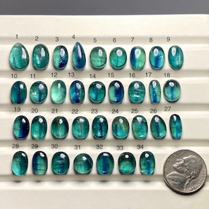 Può includere: Una collezione di 34 gemme lucide, di forma ovale, nelle tonalità del verde acqua e del blu, disposte su una superficie bianca. Una moneta da nichel americana è inclusa per il confronto delle dimensioni.