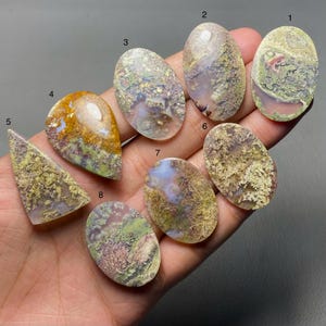 Puede incluir: Una colección de ocho piedras preciosas pulidas de varias formas, incluyendo ovaladas, en forma de lágrima y triangulares. Las piedras muestran una gama de colores, como verde, marrón, naranja y púrpura, con patrones y texturas únicos. Las piedras preciosas se sostienen en una mano.