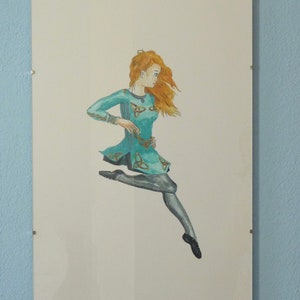 Irische Showtänzerin mit goldenen Haaren im türkisen Kleid, Aquarell, Kunst, Malerei, Wanddeko
