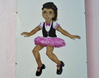 Petite fille mignonne petite danseuse de claquettes brune en costume rose et noir, impression d'art aquarelle, peinture, décoration murale à la maison