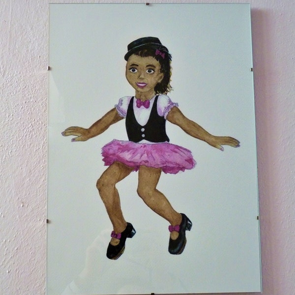 Tiny cute little brown tap dancer girl in pink and black costume, aquarel art print, painting, home wall decor