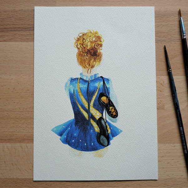 Little Irish dancer girl in blue dress with ghillies over her shoulder, aquarel art print, painting, home wall decor