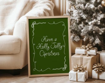 Holly Jolly Green Christmas Print Christmas Wall Art, Trendy Home Decor, Pink Holiday Printable, Preppy Christmas Design, Festive Home Decor