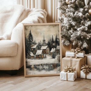 Rustic Christmas Village Moody Landscape Painting, Vintage Christmas Wall Art Winter Home Decor, Farmhouse Christmas Printable Holiday Decor