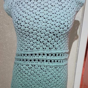 May include: A light mint green crochet top featuring a repeating shell stitch pattern throughout the bodice and sleeves, with a horizontal band of openwork lattice stitching around the waist area, creating a textured and semi-sheer garment.