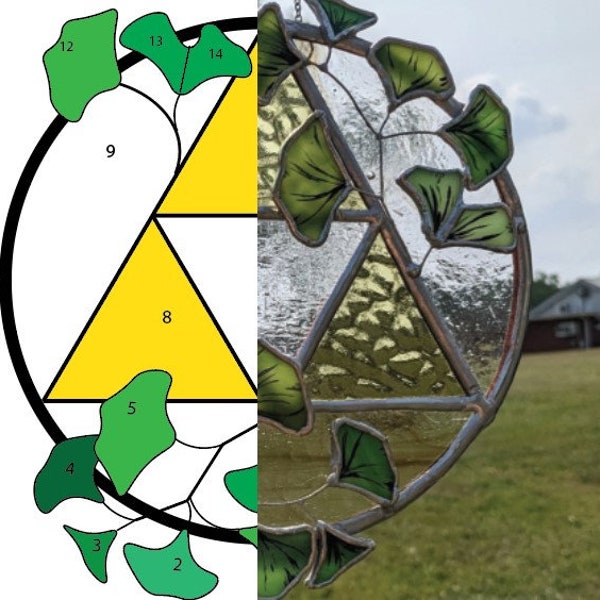 Stained Glass Pattern Legend of Zelda Triforce with Ginkgo Leaves