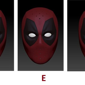 May include: Three close-up images of a red and black Deadpool mask. The mask has a white eye shape with a black outline and a white eye. The mask has a red base with black eye holes and a black mouth.