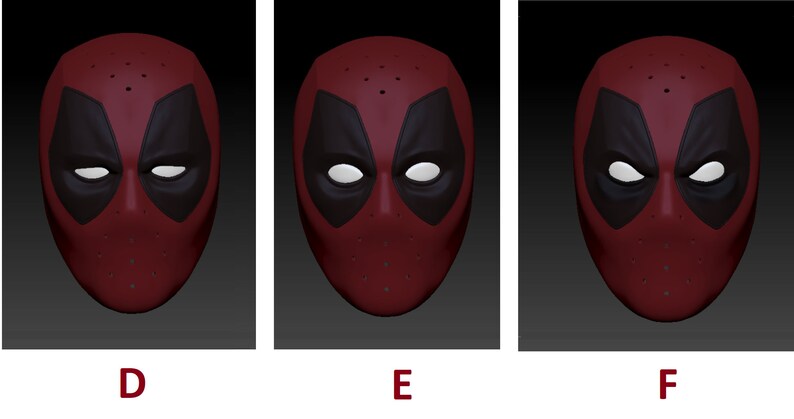 May include: Three close-up images of a red and black Deadpool mask. The mask has a white eye shape with a black outline and a white eye. The mask has a red base with black eye holes and a black mouth.