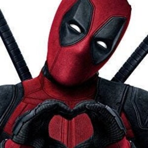 May include: A red and black superhero character with a mask and a red suit. The character is making a heart shape with their hands.