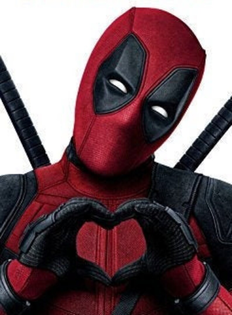 May include: A red and black superhero character with a mask and a red suit. The character is making a heart shape with their hands.