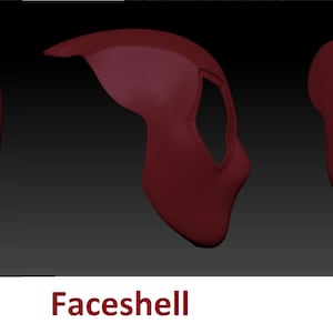 May include: A red 3D model of a face mask with a spider-like design. The mask has two eye holes and a mouth hole. The mask is textured with small dots.