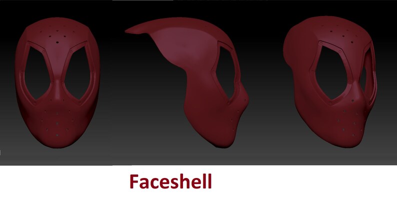 May include: A red 3D model of a face mask with a spider-like design. The mask has two eye holes and a mouth hole. The mask is textured with small dots.