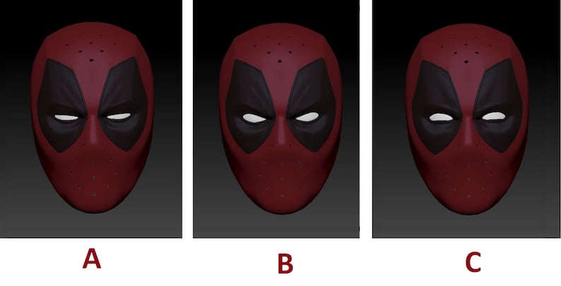 May include: Three different views of a red and black Deadpool mask. The mask has a black eye mask with white eyes and a red mask with black dots.