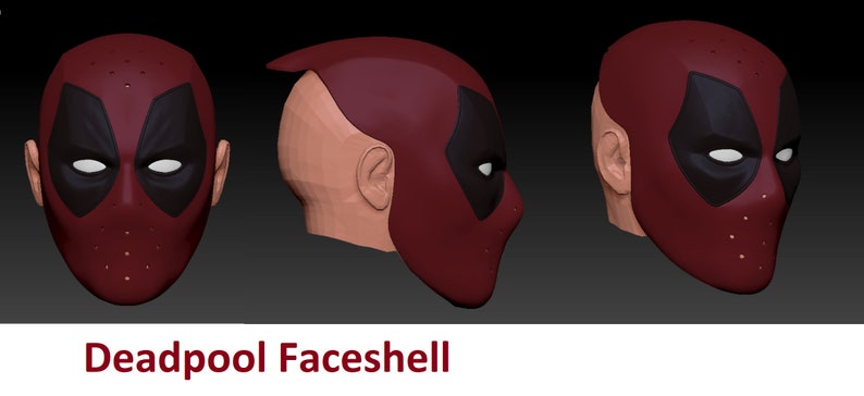 May include: A 3D model of Deadpool's face mask, shown from three different angles. The mask is red with black eyes and a black mouth, and has a textured surface with small holes.