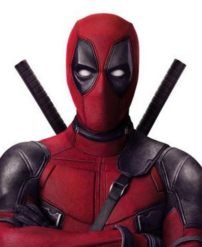 May include: A red and black superhero costume with a mask and two swords. The costume has a black belt and a black and grey chest piece.