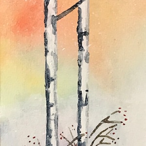 Watercolor-Watercolor Painting-BirchTrees-Winter Scene-Winter Birches-Mini Painting-7x5