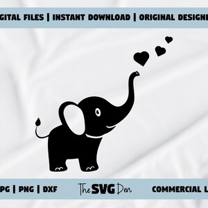 Cucciolo di elefante SVG/PNG/DXF, file di cuori che soffia elefante carino, perfetto per abbigliamento e prodotti, include licenza commerciale