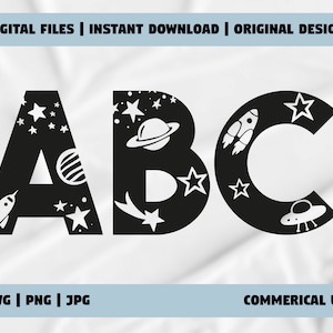 Set di alfabeti e numeri SVG a tema spaziale, design audace di abbigliamento e articoli per la casa per bambini, perfetto per regali educativi