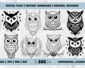 Paquete SVG Creative Owl: 23 gráficos de búho distintivos para proyectos domésticos y comerciales, además de archivos JPG/DXF, incluye licencia comercial