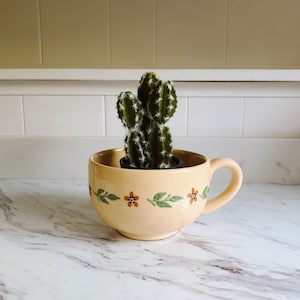 Könnte beinhalten: Eine kleine Kakteenpflanze in einem cremefarbenen Keramiktopf mit Blumenmuster. Der Topf hat einen Henkel und ist mit grünen Blättern und orangefarbenen Blumen verziert.
