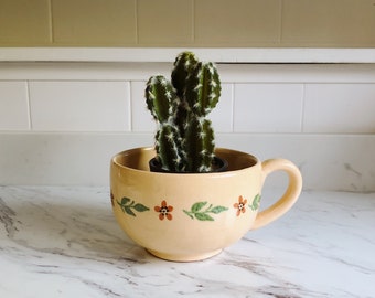 Hand-painted Floral Boho Large Mug Planter, Lots of Crazing