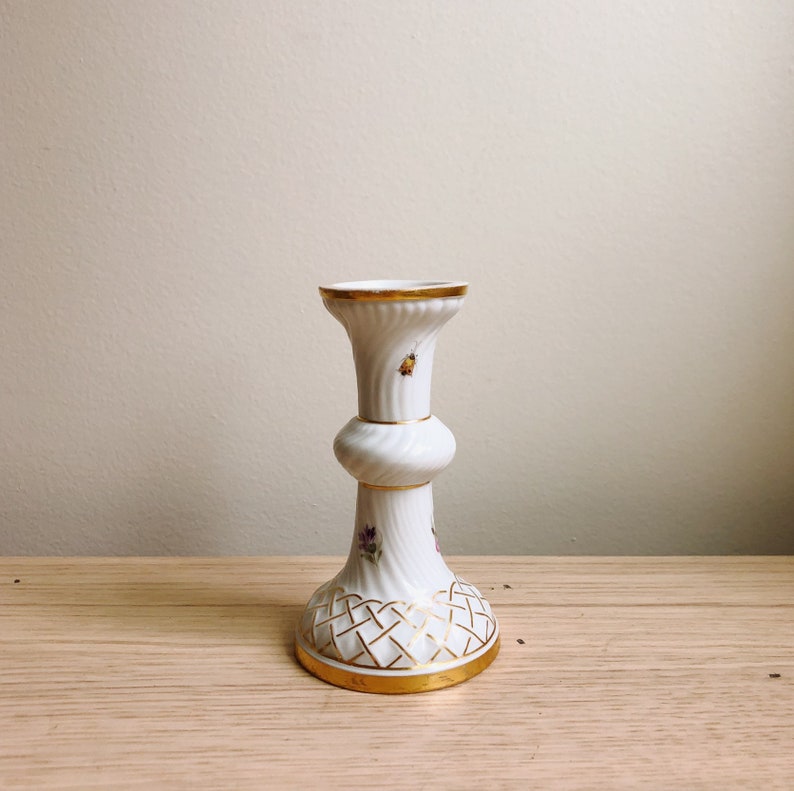 German Candle Holder with Beetle and Flower Pattern Antique Meissen Floral Candlestick Porcelain with Gilded Gold