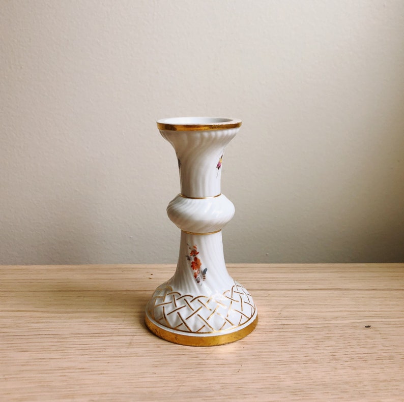 German Candle Holder with Beetle and Flower Pattern Antique Meissen Floral Candlestick Porcelain with Gilded Gold