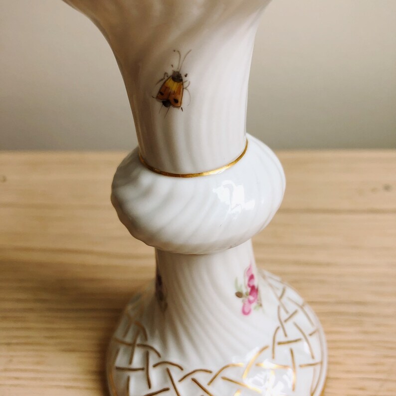 German Candle Holder with Beetle and Flower Pattern Antique Meissen Floral Candlestick Porcelain with Gilded Gold