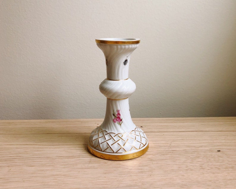 German Candle Holder with Beetle and Flower Pattern Antique Meissen Floral Candlestick Porcelain with Gilded Gold