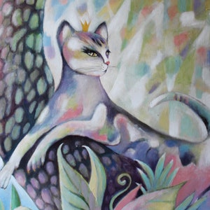 May include: An oil painting of a regal cat wearing a small gold crown, reclining amidst colorful foliage. The cat has a serene expression, with a mix of blue, white, and pink hues in its fur. The background features abstract shapes and colors.