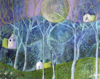 Original Painting Modern Acrylic/Paper Image/ Contemporary Wall Decor/ landscape/Magic Forest/ Moon/Sky/ free delivery.
