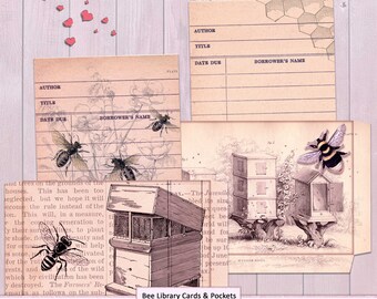 Vintage Bee Library Cards And Pockets INSTANT DOWNLOAD
