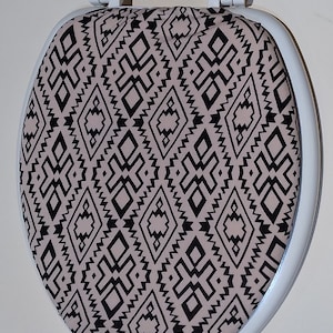 Toilet Seat Cover : Bathroom decor idea. Cotton lid cover. Tan and black Eco toilet seat lid cover. Round toilet seat and oblong standard