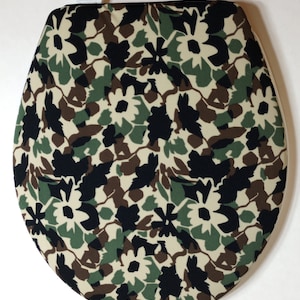 Toilet Seat Lid Cover, for standard size toilet seat. Poly spandex blend earthy camouflage. FLower camo. Fun bathroom idea. Recycled fabric