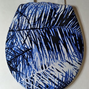 Bathroom decor idea, Fabric Toilet Seat Lid Cover. Standard size round and oval toilet, decorating ideas. Fun Palm tropical bathroom decor