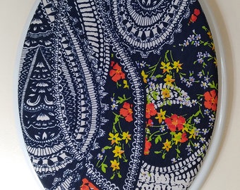 Small Bathroom idea. Elongated Toilet Seat Cover. Loo seat Toilet lid cover. Dark blue  repurposed fabric, toilet seat lid cover. Floral