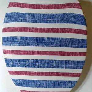 4th of july decor. Toilet lid Cover For elongated toilet seat. Stretchy cloth toilet seat lid cover. Red white and blue. Election decor