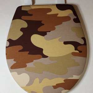 Cloth Toilet Seat Lid Cover, for standard size toilet seat. Cotton blend earthy brown camouflage. Fun bathroom idea. Recycled eco friendly