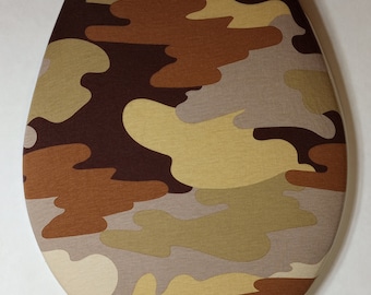 Funda de tela para tapa de asiento de inodoro, para asiento de inodoro de tamaño estándar. Mezcla de algodón camuflaje marrón terroso. Divertida idea para el baño. Reciclado ecológico