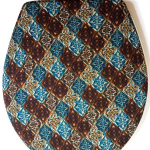 Cloth Toilet Seat Lid Cover for standard size toilet. Dark Aqua browns. Remodel Ideas for small bathrooms and designer homes.