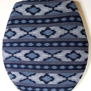 Reversible Toilet Seat lid Cover, for standard size toilet. Blue Bathroom Decor idea.  Cotton poly fabric lid cover, black and blue & white