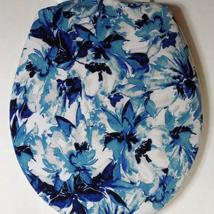 Toilet Seat lid Cover, for standard size toilet. Bathroom Decor idea. blue and white floral pattern. Thin Spandex fabric lid cover loo cover