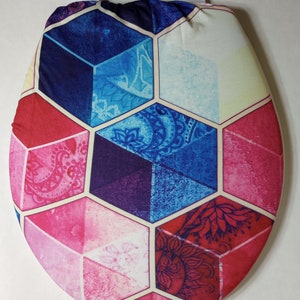 Toilet Seat lid Cover: For standard size toilet. Cloth Bathroom decor. Stretchy beautiful fabric. Creative design.