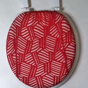 Cloth Toilet Seat lid Cover Red bathroom or holiday decor. Standard size and round. Fishnet like fabric. ECO friendly repurposed fabric.