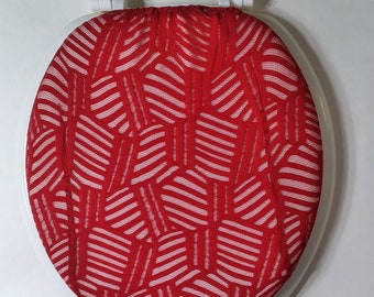 Cloth Toilet Seat lid Cover Red bathroom or holiday decor. Standard size and round. Fishnet like fabric. ECO friendly repurposed fabric.