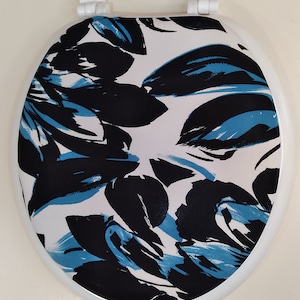 Toilet Seat lid Cover . Standard size. Home decor idea. Bathroom remodel. Aqua blue black lid cover. Small bathroom idea. Designer bathroom