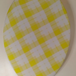 Toilet Seat Lid Covers. Bathroom decor. Bathroom ideas. Home decor.  Bright Yellow and white. Easy bathroom remodeling. Repurposed material